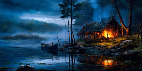 Old wood cabin with fire and boat by foggy blue water. Generative AI - obrazy, fototapety, plakaty