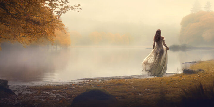 Woman in white dress walking in early morning dawn fog by lake shore, autumn, Celtic. Generative AI