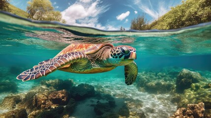 Hawaiian Green Sea Turtle swimming in clear shallow water