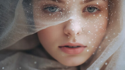 Close up Portrait of a Girl. Girl Behind Star Veil. Glittery Fabric Covering Face of a Girl. Generative AI.  - obrazy, fototapety, plakaty