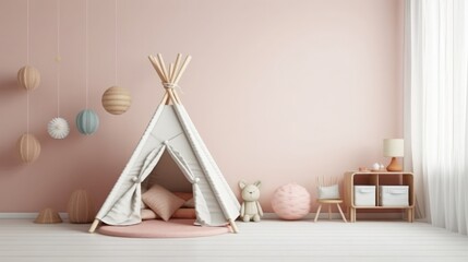 Fototapeta na wymiar Pastel Kids Room with Play Tent. Minimal Interior. Copy Space. Generative AI.