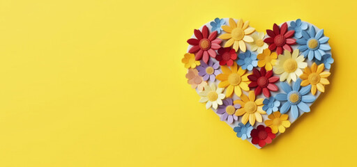 Obraz na płótnie Canvas Colored flower shaped heart with copy space on yellow background banner. Generative AI.