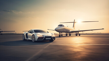 airplane landing at sunrise luxury as a supercar and private jet grace a landing strip, ready to embark on a seamless journey. The supercar's powerful engine and the private jet's Generative AI - obrazy, fototapety, plakaty