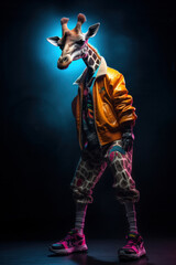 Humorous and surreal, a giraffe dressed in a costume of jacket and pants stands out in the dark, amidst the contrasting black shadows. This unique outfit merges fashion and nature. Is AI Generative.