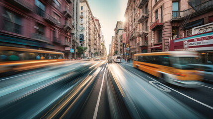 Fototapeta na wymiar traffic city in motion, as a blur of business people cross the roads in a panoramic view. The soft focus and motion blur lend a sense of excitement and dynamism to the scene, Generative AI