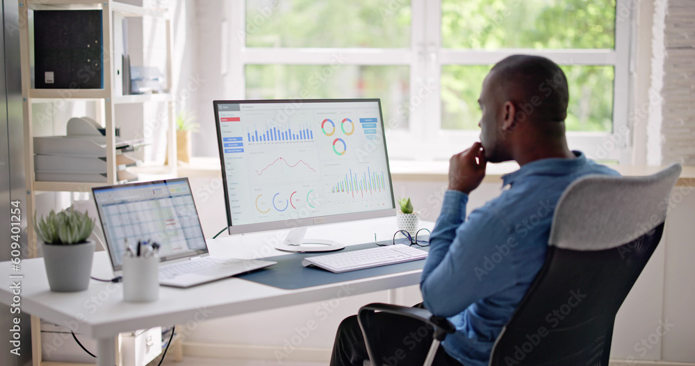 Poster African Businessman Using Analytics Data KPI Dashboard