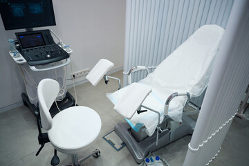 Photo of gynecologist office which houses equipment for examining patients