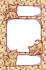 Cat frame decorative vector background template with empty space for birthday greeting card, announcement or invitation, veterinarian information. Hand drawn illustration, cartoon style character.