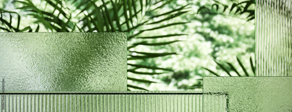 Poster minimal style mockup for product presentation. ribbed glass podium on green garden background. 3d re
