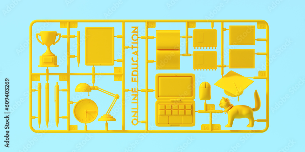 Poster minimal background for e-learning concept. yellow plastic assembly kit of online education object on