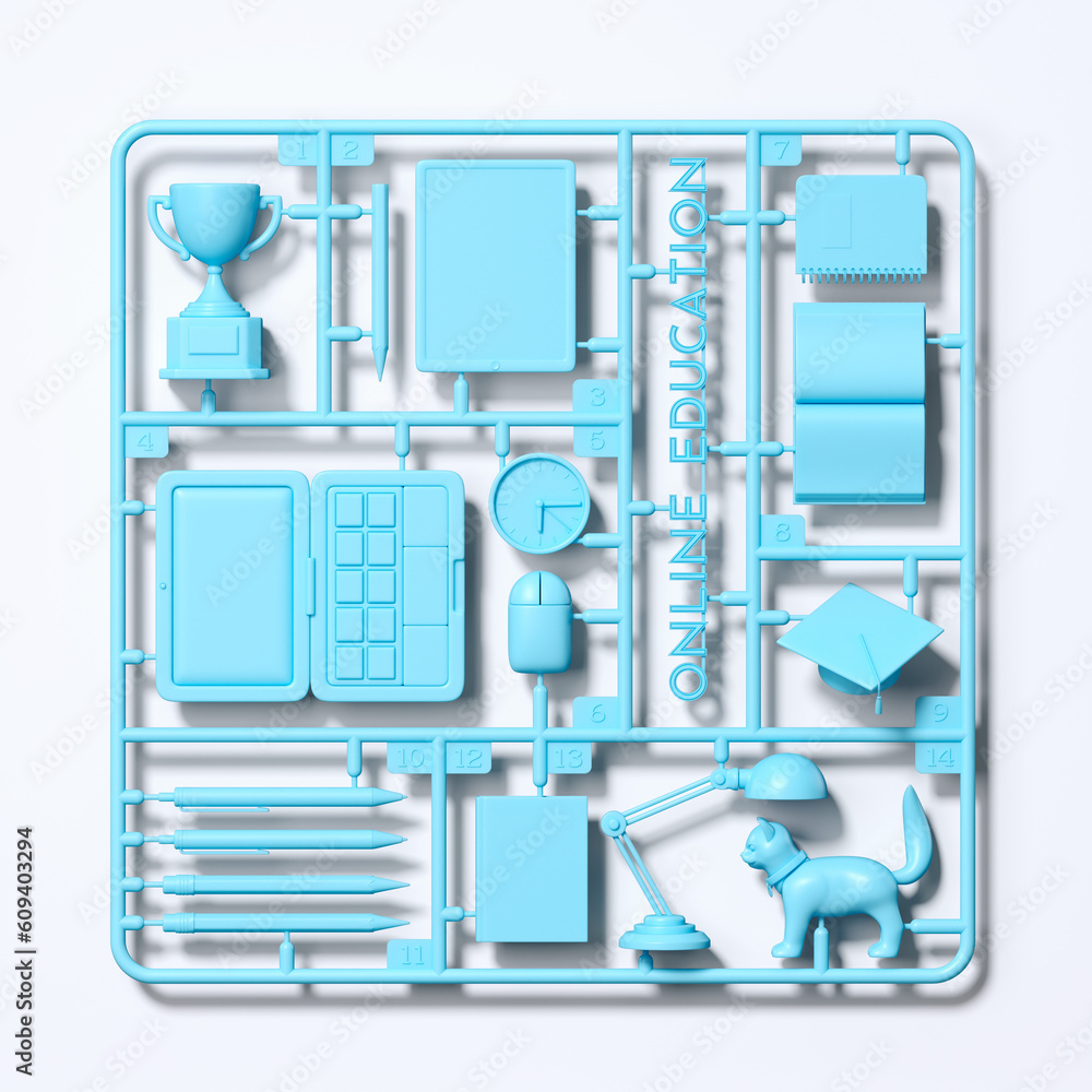 Poster minimal background for e-learning concept. blue plastic assembly kit of online education object on w