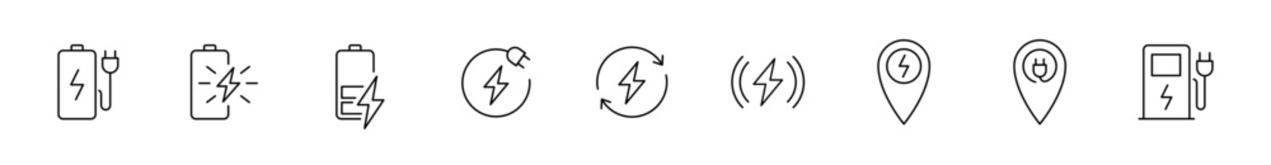Charging battery icon set. Charging station sign. Lightning, plug, accumulator, station. EPS 10
