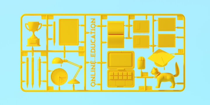 Minimal background for E-learning concept. Yellow plastic assembly kit of online education object on blue background. 3d rendering illustration. Object isolate clipping path included.