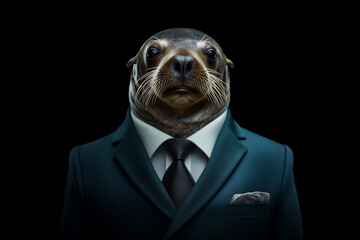 Naklejka premium Portrait of a Sealion dressed in a formal business suit, The Elegant Boss Sealion, generative AI