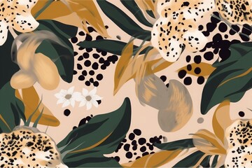 Modern exotic pattern with leopard skin. Creative collage contemporary floral seamless pattern. Fashionable template for design, Generative AI