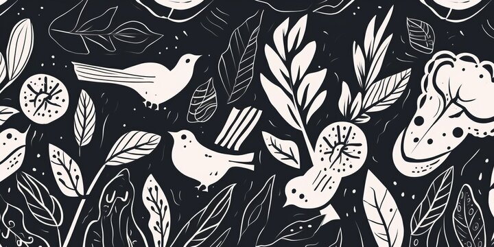 Botanical hand drawn mixed ethno style ornament pattern with birds. Abstract trendy monochrome print. Fashionable template for your design, Generative AI