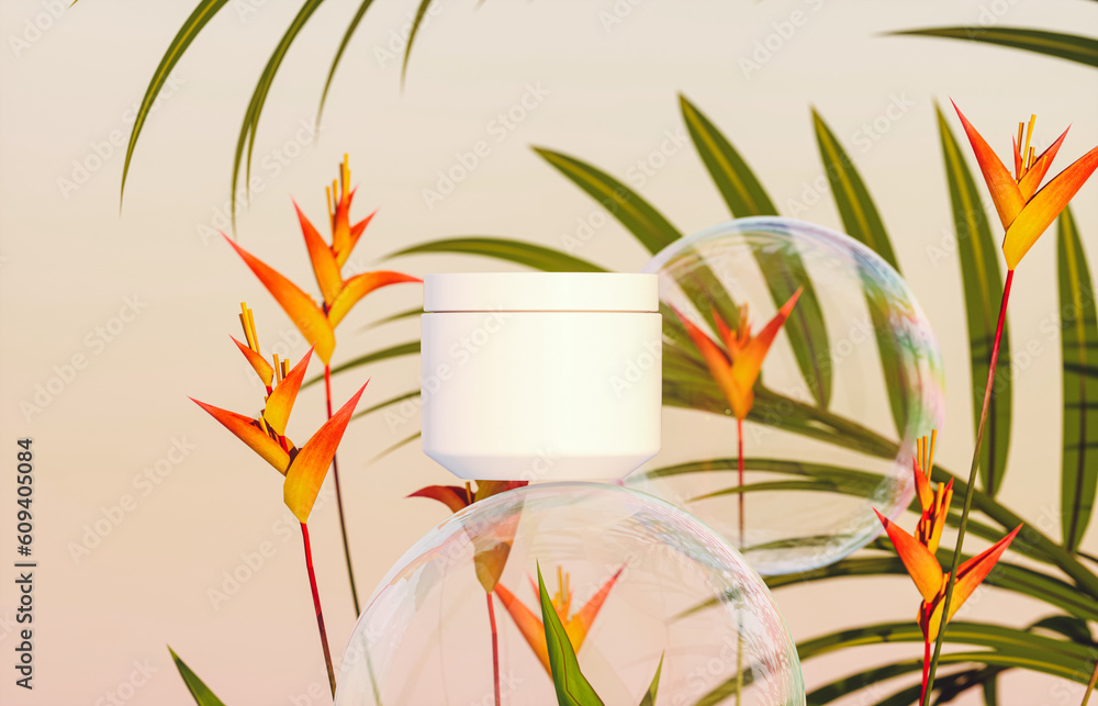 Aufkleber cosmetic cream jar on a background of tropical plants and soap bubbles. 3d rendering