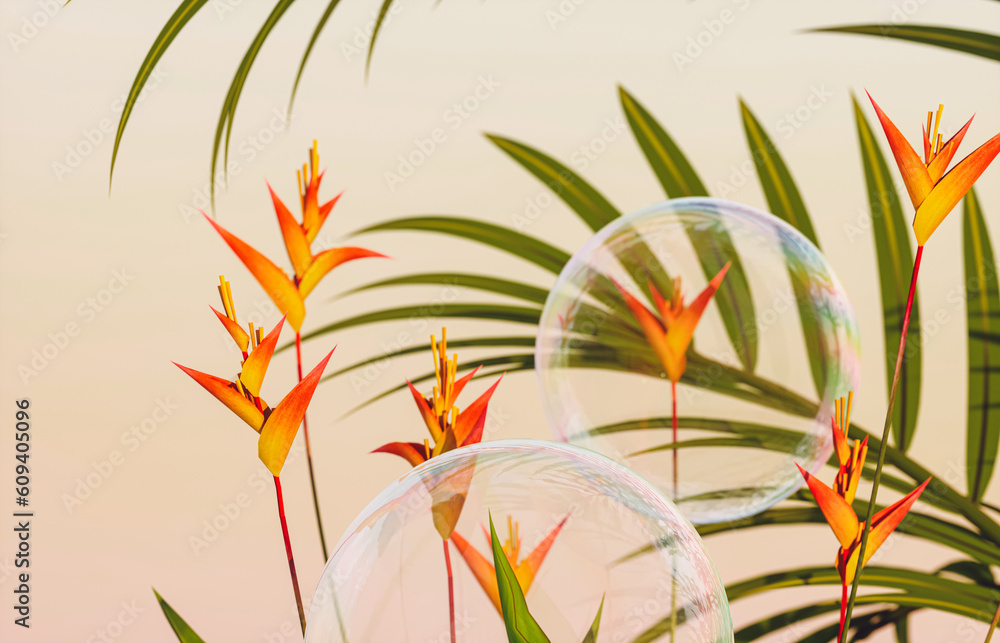 Poster Soap bubbles with tropical plants on evening sky background. 3d rendering