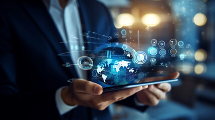 businessman pressing icon finance and business expertise as a determined businessman interacts with a digital tablet in a double exposure, Generative AI