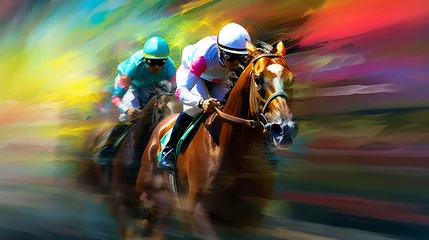 Foto op Plexiglas horse racing a jockey and their racing horse as they compete on the grand stage of a hippodrome. With the racetrack stretching out before them, the image captures the champion, Generative AI © Tahsin