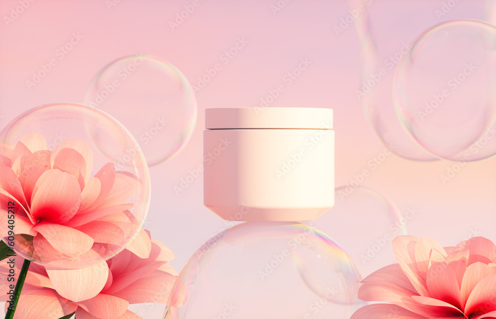 Aufkleber cosmetic cream jar on a background of red roses flower and soap bubbles in evening sky. 3d rendering