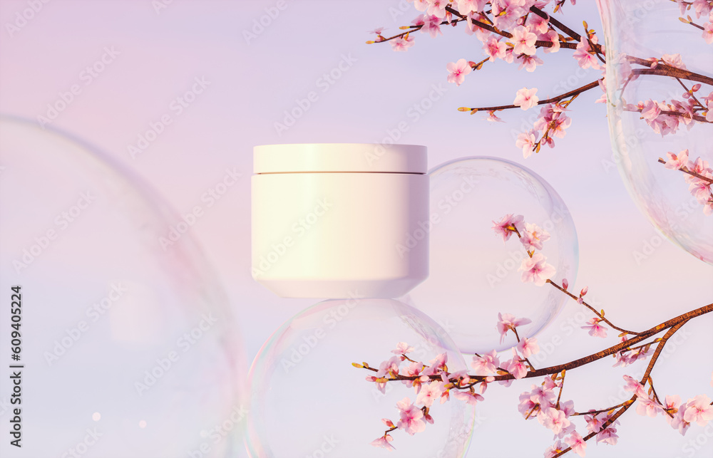 Aufkleber cosmetic cream jar on a background of sakura blossoms and soap bubbles in evening sky. 3d rendering