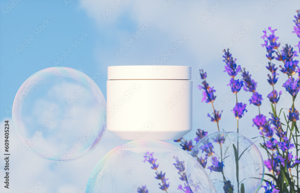 Aufkleber cosmetic cream jar on a background of lavender flowers and soap bubbles. 3d rendering