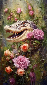 Alligator Art Painting On Canvas Floral Elements Vintage Style Embossed Brush Strokes  Generative AI Digital Illustration Part#030623