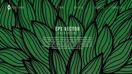 Abstract green web background of doodle shapes, lines on green background with blank space in center for text. Minimalist wavy background.
