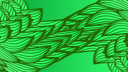 Abstract green web background of doodle shapes, lines on green background with blank space in center for text. Minimalist wavy background.