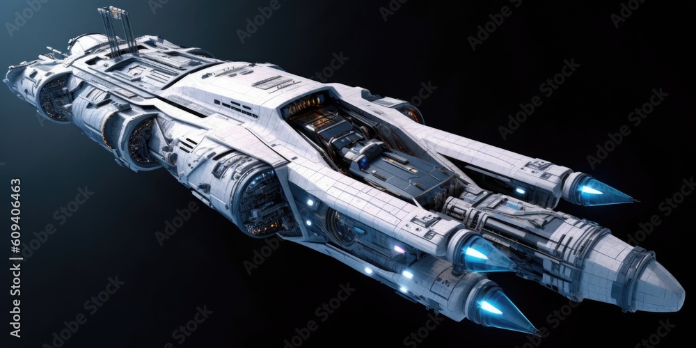 Poster the advanced and futuristic exploratory science carrier spaceship. generative ai aig27.