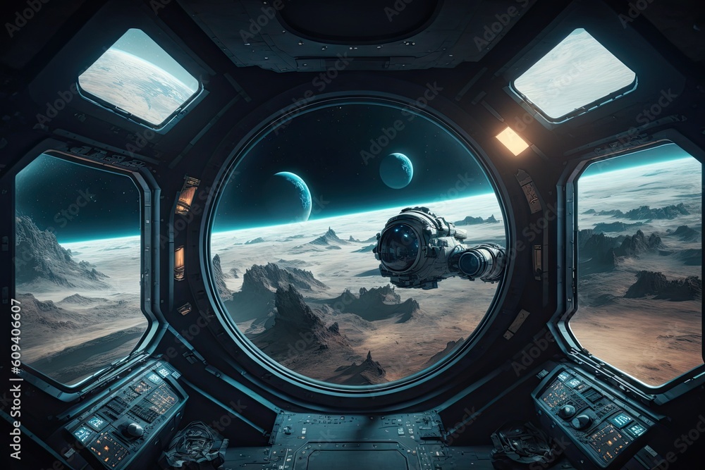 Poster spaceship dark interior with view on distant planets solar system. generative ai aig15.