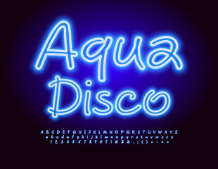Vector playful Sign Aqua Disco. Bright Glowing Font. Blue Neon Alphabet Letters and Numbers