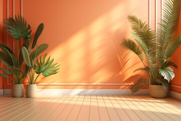 Abstract gradient orange studio background for product presentation. Empty room with shadows of window and flowers and palm leaves . 3d room with copy space. Summer concert. Blurred backdrop.