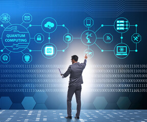 Businessman pressing virtual button in quantum computing concept