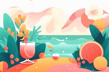 Abstract summer composition in vibrant colors - cocktail, beach and sea. Creative concept, Generative AI