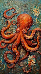 Octopus Art Painting On Canvas Floral Elements Vintage Style Embossed Brush Strokes  Generative AI Digital Illustration Part#030623