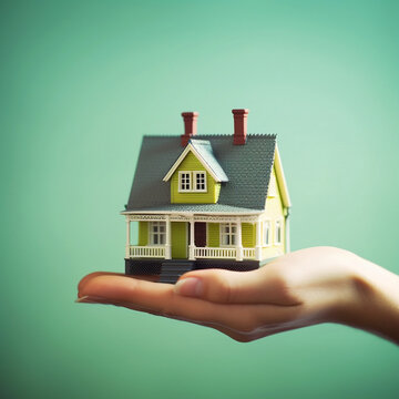 Embark on an exciting real estate journey with our captivating stock photo that brilliantly combines a house held by a hand. Hand holding a house represents the concept of buying a home.