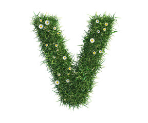 3D font letter V, cut out PNG, made of grass and daisy flowers, isolated on white background