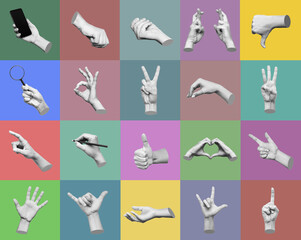 Set of 3d hands showing gestures ok, peace, thumb up, dislike, point to object, shaka, rock, holding loupe, writing on different color backgrounds. Contemporary art, creative collage. Modern design