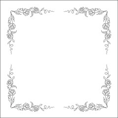 Black and white vegetal ornamental frame with blue cornflowers, decorative border, corners for greeting cards, banners, business cards, invitations, menus. Isolated vector illustration.