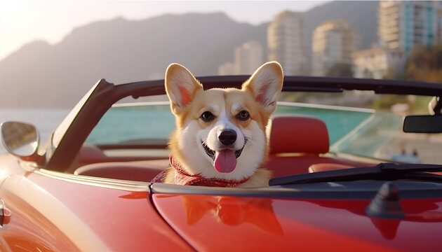 Funny red corgi puppy in sunglasses and a headscarf in a red cabriolet