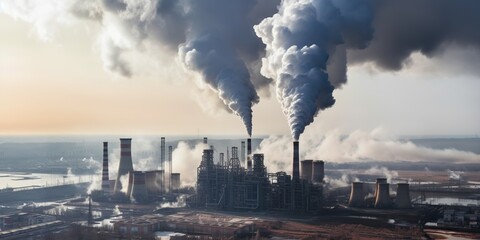 A factory billows black smoke into the atmosphere, a visual reminder of the industrial waste problem, concept of Environmental pollution, created with Generative AI technology