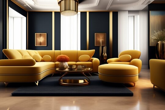 modern living room yellow , golden , black