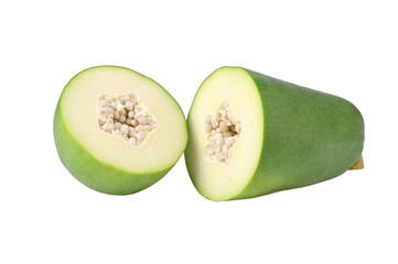 Cut Half of green papaya on transparent png.