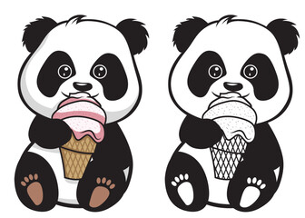 cute baby panda eating ice cream vector illustration , Panda bear eating ice cream cone colored and black and white vector image