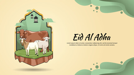 Happy eid al adha banner template design with cow sheep and goat vector design