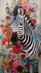 Fototapeta na wymiar Zebra Art Painting On Canvas Floral Elements Vintage Style Embossed Brush Strokes Generative AI Digital Illustration Part#030623