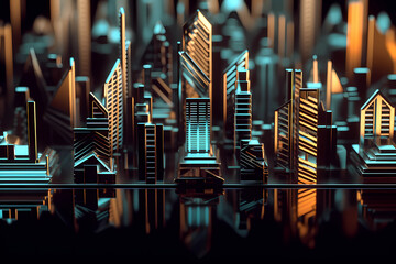 Abstract Futuristic City made of metal with gold and blue highlights, reflecting  off the water (Generative AI)