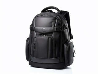 Black executive backpack isolated on plain color background. Made of high quality fabric and pvc. Has many compartments to put essentials.